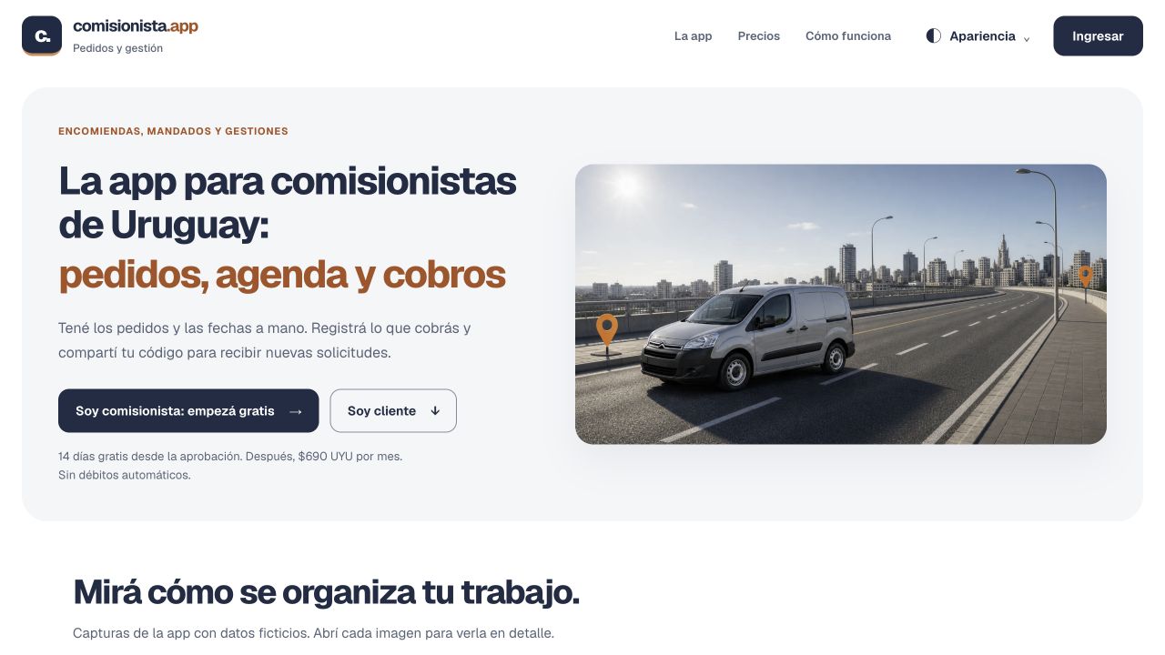 Portada de Comisionista, con pedidos, agenda y cobros.