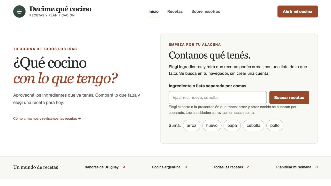 Portada de Decime Qué Cocino, con búsqueda de recetas por ingredientes.
