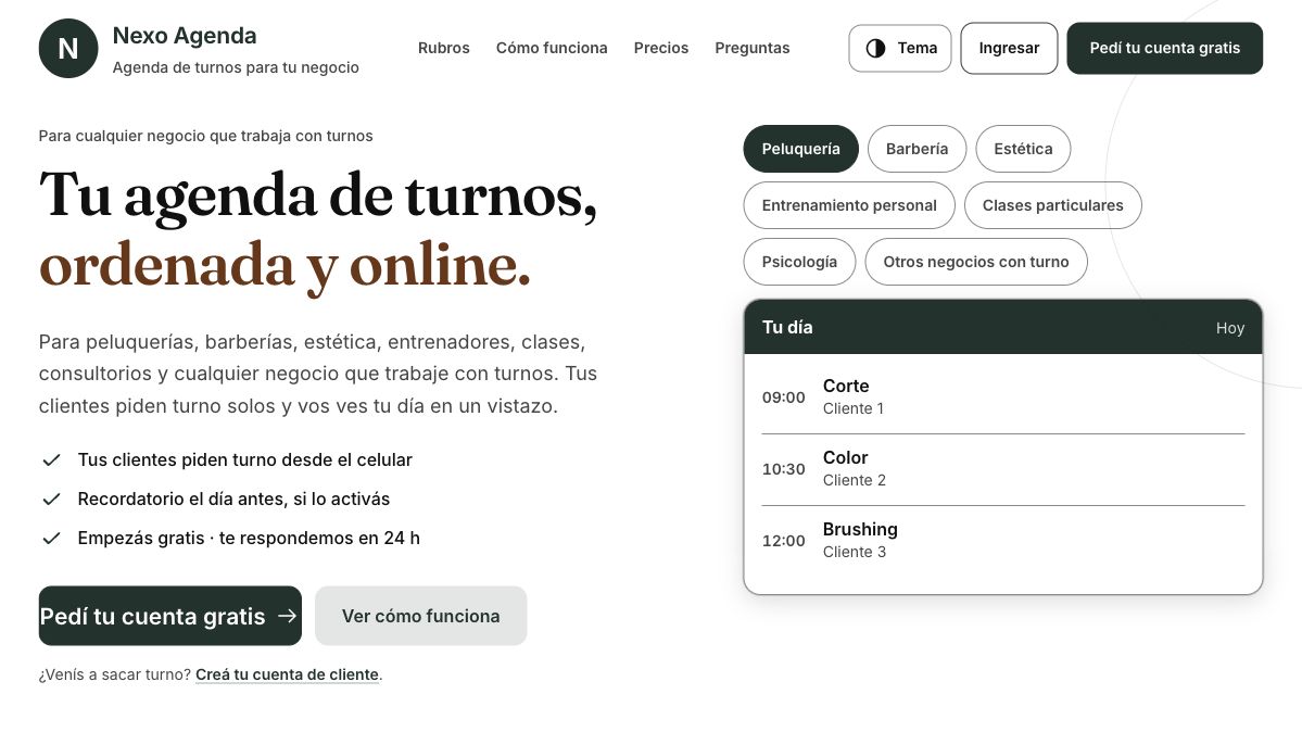 Portada de Nexo Agenda, con una agenda de turnos de ejemplo.
